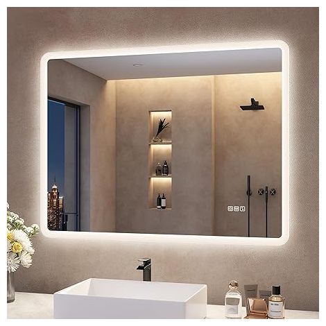 Specchio da bagno a LED antiappannamento, 3 colori della luce regolabili, dimmerabile, con funzione di memoria, impermeabile IP44, in vetro temperato, montaggio a parete orizzontale o verticale, 80x60 (1/3)