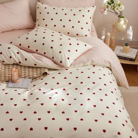 Housse de Couette 200x200 Amour Rouge Parure de lit 2 Personne en Microfibre avec Fermeture Éclair Réversible Sets de Housse Couette Beige avec 2 Taie d'oreiller 65 x 65cm pour Filles (1/5)