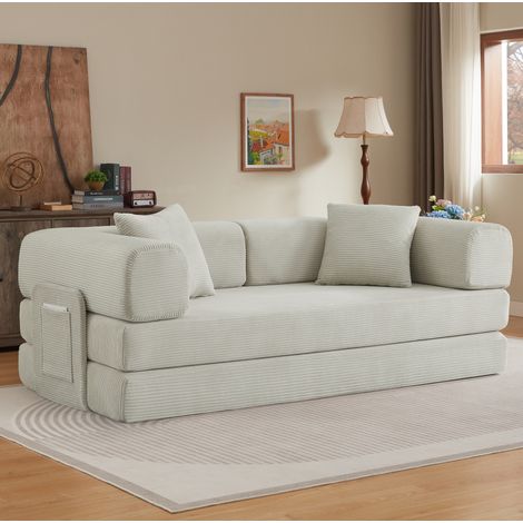 Canapé convertible pliable 2 places, lit banquette en mousse, structure acier, velours côtelé - beige (1/5)