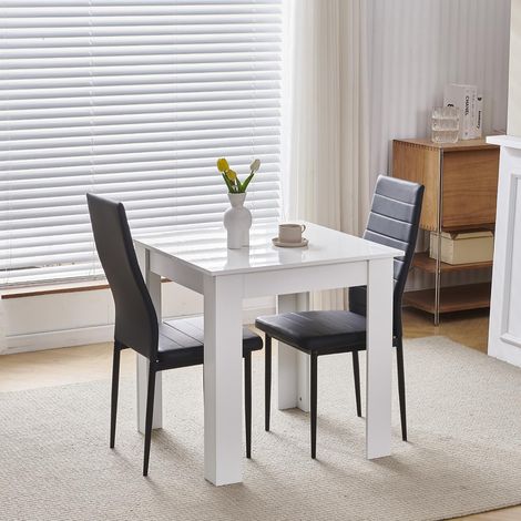 75x75cm Square Dining Table and Chairs Set, Small Dining Room Set High Gloss Dining Table with Chairs Home Furniture (Black Faux Leather, White Table with 2 Chairs)