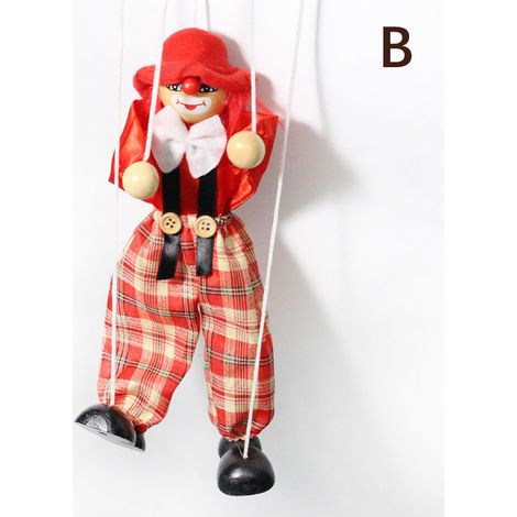 Marionnette clown en bois à ficelle colorée rouge (1/5)