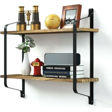 Unho – Étagère murale industrielle flottante en bois et fer – 2 niveaux 61x15cm – Charge max 22 lb – Installation facile avec supports non-traces (1/5)