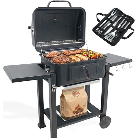 Barbecue Charbon de Bois avec Couvercle Hauteur de Braise Ajustable Grille de Cuisson XL 54x43 cm 2 Tablettes Latérales Rabattables Ustensiles Offerts Récupérateur de Cendres Ravigarden