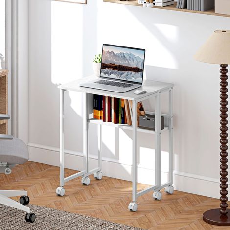 Bureau pliable, transformable en table d'appoint, étagère ouverte, blanc (1/5)