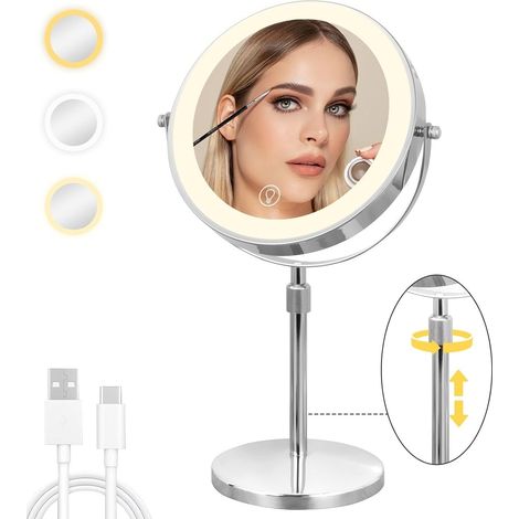 Miroir Grossissant X10 sur Pied avec Lumineux des Deux Côtés - Hauteur et Luminosité Réglables, Rotation 360° pour Coiffeuse, Salle de Bain