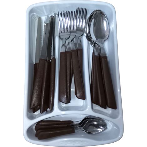 Servizio di Posate completo 24 Pezzi per tavola di 6 persone manico marrone in Acciaio Inossidabile Lavabili in Lavastoviglie Made in Italy in omaggio il Porta Posate da Cassetto