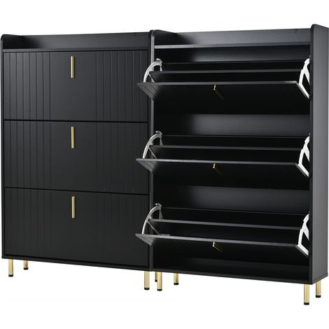 Set di 2 scarpiere con 3 ante a ribalta, 6 scomparti, MDF, nero, 80 x 23,5 x 123,5 cm (1/5)