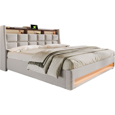 Cama Tapizada 140×200 cm en Lino, Cama Doble con USB, LED regulable, Colchón incluido, Beige (1/5)