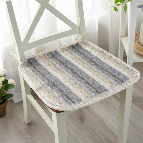 Coussin de Chaise Coton Lin 45 x 45 cm Gris Raye avec Lien - Coussin Forme Fer a Cheval 4 Saisons (1/5)