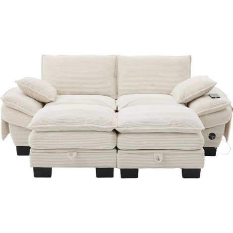 Divano modulare 2 posti in corduroy beige con 2 pouf, porta USB-C e tasche laterali, MODENUIT (1/5)