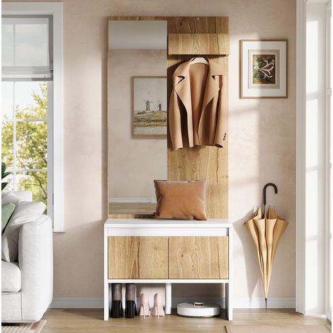 Vestiaire d'entrée 3-en-1 avec porte-manteau, miroir, banc à chaussures et 2 tiroirs, meuble compact pour petit hall et entrée, blanc et ton bois clair  CHICFURN (1/5)