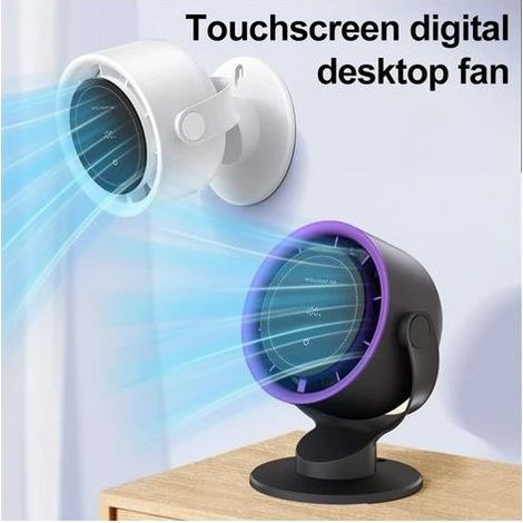 Ventilatore da scrivania USB ricaricabile – Portatile e regolabile a 180°, batteria da 4000 mAh, display digitale, silenzioso e potente – Bianco (1/5)