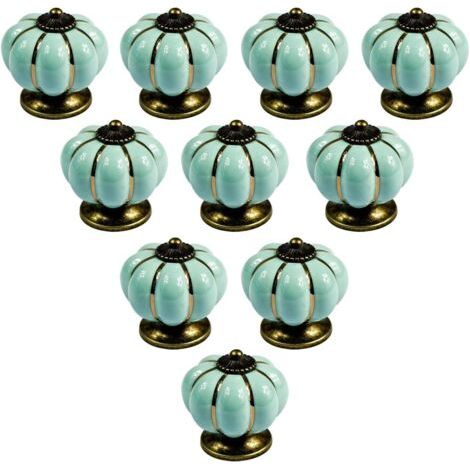 QORVA-Paquet de 10 boutons en forme de citrouille en céramique Vintage de Style européen bleu clair pour tiroir de porte, commode de cuisine, placard