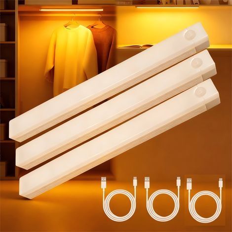 LED Lampe de Placard avec Détecteur de Mouvement 2000mAh Rechargeable USB-C, Éclairage étude de Cuisine Veilleuse Escalier Montage Magnétique (3PCS 3000K 10CM) (1/4)