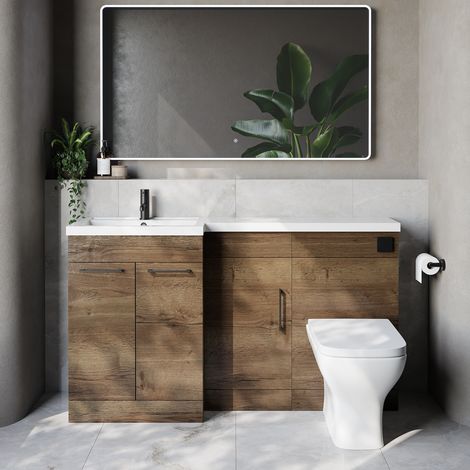 Napoli 390 Tobacco Oak 1500mm 3 Door Vanity Unit Toilet Suite with Left Hand Square Lucia Basin - 1500mm - Matt Black 160mm HandleWith Kingston Toilet Pan and Seat