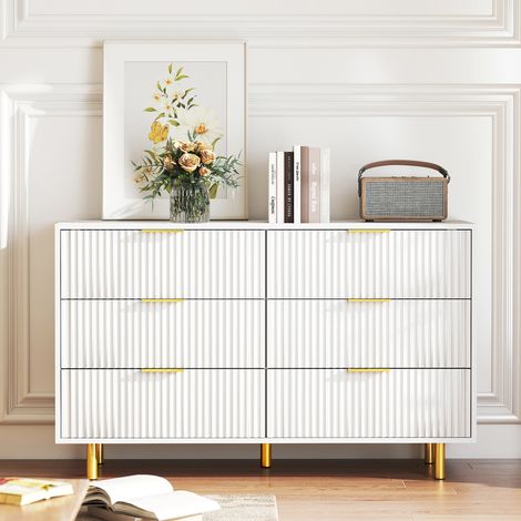 Cassettiera a 6 cassetti, L120xP40xH72 cm, credenza dal design moderno per camera da letto e soggiorno, in MDF con gambe in metallo, bianco e oro (1/5)