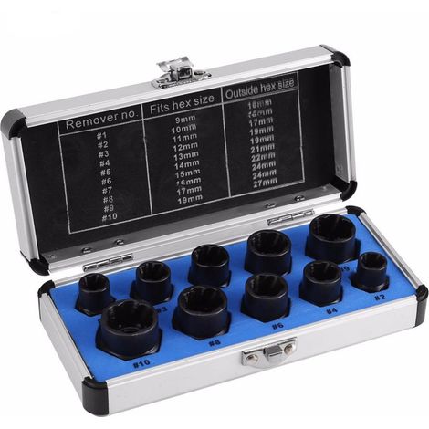 Ensemble de 10 Extracteurs de Boulons et Vis Cassées, Outils d'Extraction pour Filetages Endommagés Hexagonaux Internes, Accessoires de Quincaillerie Haute Qualité avec Boîte en Aluminium Bleue-lsw