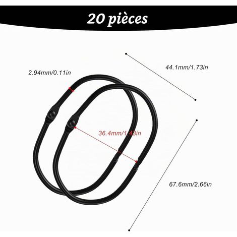 20 anneaux rideau douche ovales, métal, extra larges 67mm, pour tringles, noir.