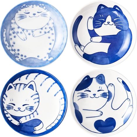 Lot de 4 bols à sauce soja en forme de chat mignon de 10 cm, bols en céramique pour chats, assiettes japonaises pour chats, bols à sauce, bols à en-cas (10 cm)