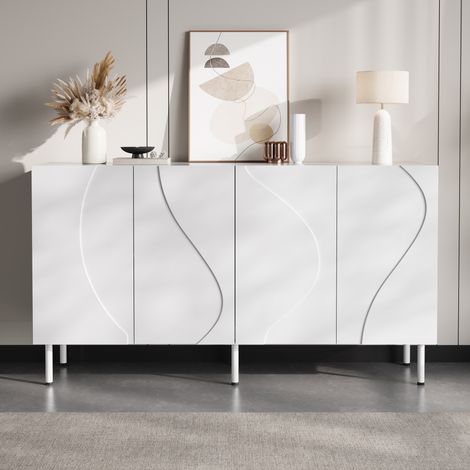 Buffet bas - Portes 3D incurvées - 140x40x77,5 cm - design sans poignée, pieds - Métal, MDF - Blanc (1/5)