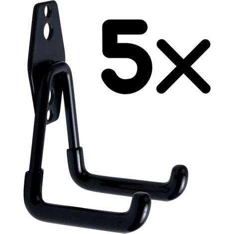 Lot de 5 crochets doubles pour garage 70 x 110 mm - Noir - Revêtement en caoutchouc - Supports en acier - Crochets porte-outils - Crochets de rangement - Noir - 70 x 110 mm (1/5)