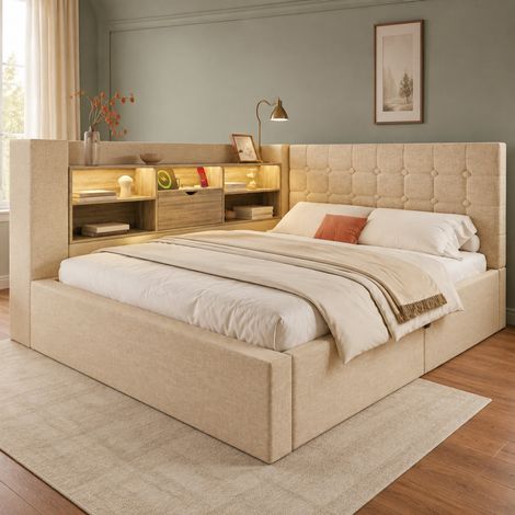 Letto 140x190 cm beige in tessuto con contenitore, senza materasso - FLORAGRACE (1/5)