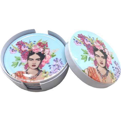 Boite bleue contenant 6 sous-verres Frida Khalo (1/2)