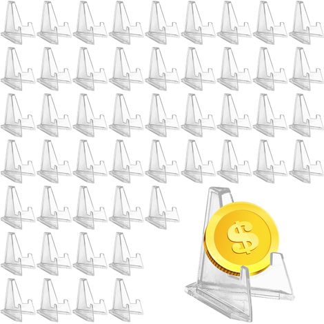 Lot de 50 supports de cartes en acrylique: 57 mm - Support en acrylique transparent - Réglable - Pour cartes - Chevalets en plastique - Pour afficher des pièces de monnaie, des montres de poche, des (1/5)