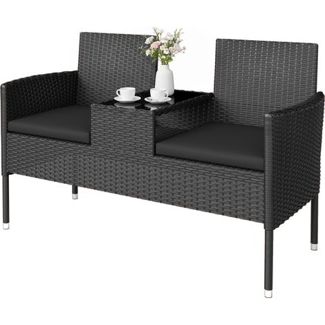 Petit canapé de jardin 2 places avec table basse, en acier et rotin PE, 137x59x82 cm, Noir (1/5)