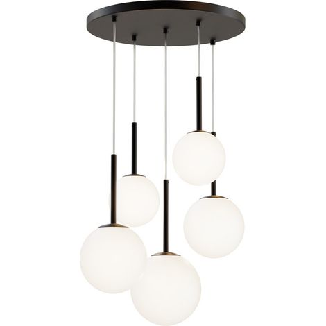 Lampadario Minimal Basic Form In Metallo Nero 5 Luci E Diffusori Bianchi (1/4)