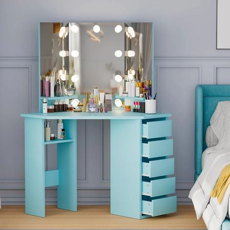 Coiffeuse avec Miroir, avec 10 Ampoules LED, Luminosité Réglable, 112x50x142.5 cm, Table de Maquillage, 5 Tiroirs et 3 Étagères de Rangement, Style Moderne, Bleu (1/5)