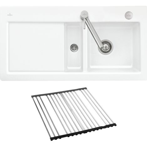 Evier 1 bac et demi VILLEROY ET BOCH Subway Pure 60 100 x 51 égouttoir à gauche céramique sans vidage blanc + Egouttoir déroulable