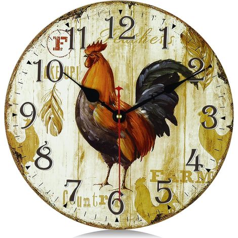 1 Horloge Murale Coq, Bois Vintage Silencieuse, Quartz Précis 30cm, Déco Salon Chambre Cuisine Bureau (1/5)