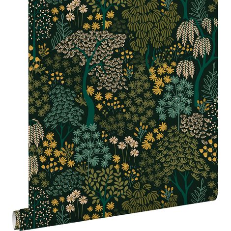 papier peint des arbres et des fleurs bleu vert et jaune - ESTAhome (1/5)