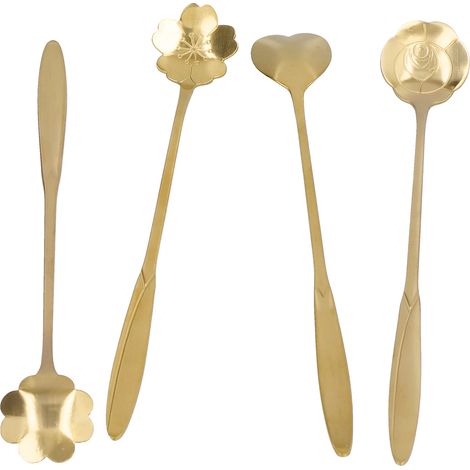 Lot de 4 cuillères à mélanger en forme de cœur et de fleur, cuillères à café, cuillères à dessert, cuillères à thé glacé en acier inoxydable, couleur or (1/5)