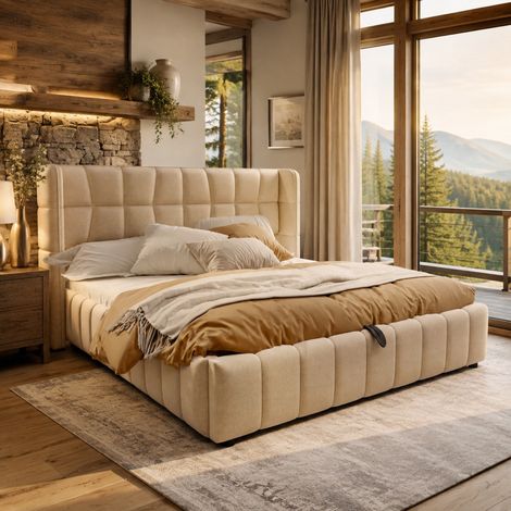 Cama con arcón 180 x 200 cm con somier de láminas, sistema neumático de almacenaje, beige OKMYHOME (1/5)