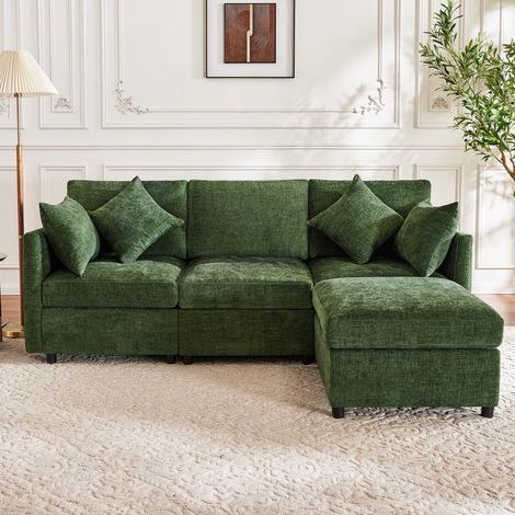 Canapé d'angle en L, canapé 4 places convertible avec repose-pieds, coussins et des oreillers, tissu chenille, canapé modulable, vert