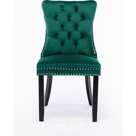 Collection Nikki : 2 chaises de salle à manger haut de gamme velours,bois massif touffé,pieds bois,cloutées,couleur verte.