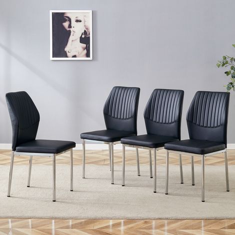 REDOM Juego de 4 sillas de comedor, respaldo con nervaduras verticales, patas metálicas, PU negro y plata