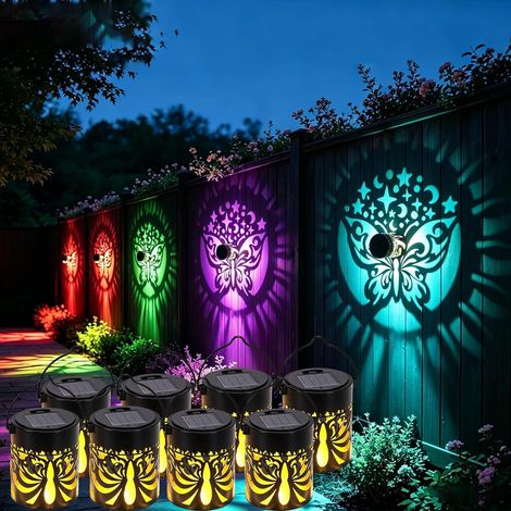 Lot de 8 lampes solaires murales – Projecteur décoratif, IP65 étanche – 7 couleurs changeantes, métal, motif papillon – Idéal pour patio, jardin et clôture (1/5)