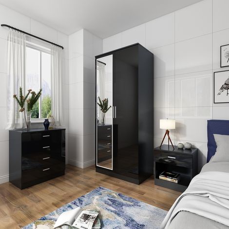 ELEGANT Modern High Gloss Wardrobe and Cabinet Furniture Set Bedroom Wardrobe with Mirror and 4 Drawer Chest and Bedside Cabinet, Black (1/5)