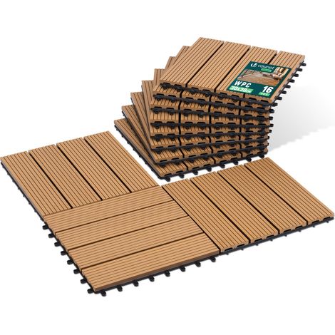 VOUNOT® Lot de 16 Dalles clipsables extérieur 30x30 cm - WPC - Caillebotis de terrasse antidérapant et drainant - Couleur bois (1/5)