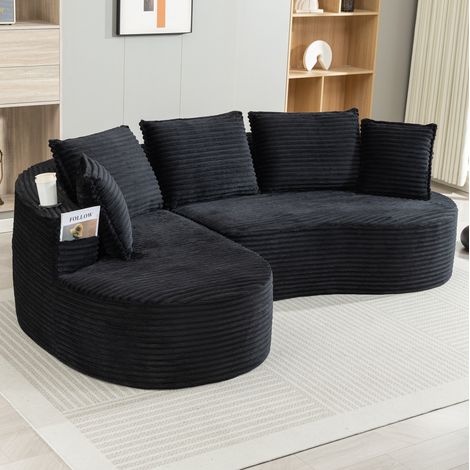 Divano curvo in corduroy nero con portabicchieri e tasca laterale HAVRYA (1/5)