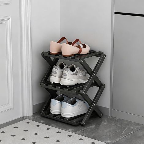 Petite étagère à chaussures pliable à 3 niveaux en bambou pour entrée, chambre, placard, coin salon Aucune installation nécessaire (1/5)