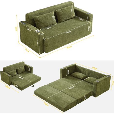2-Sitzer Schlafsofa grün mit USB, Becherhaltern und Seitentaschen HAVRYA (1/5)
