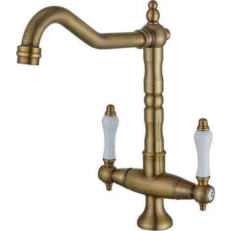 Antique style kitchen faucet, 360° swivel, double brass handle with high spout