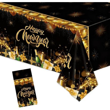 Silvester Tischdecke 137x274cm Schwarz Gold, Frohes Neues Jahr Deko 2026