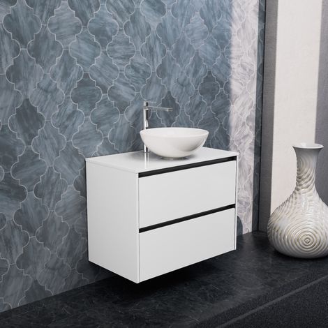 Inda - Badezimmerschrank 2 Schubladen B.80 mit Aufsatzwaschbecken / Weiß glänzend - Smeraldo (1/5)