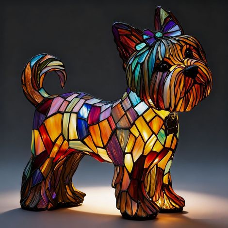 Yorkshire Terrier mit Pferdeschwanz – Batteriebetriebene Tischlampe – Retro-Tischlampe – 3D-Tier-Nachtlicht – 17 cm – LED-3D-Lichtornament