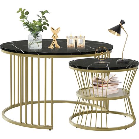 Lot de 2 tables basses gigognes rondes 70/45 cm, plateau aspect marbre noir, structure métal doré design moderne chic, montage facile table de salon déco intérieur (1/5)